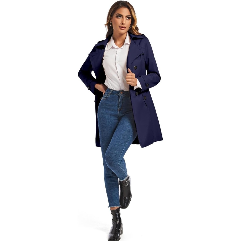 FARVALUE Womens Double Breasted Lapel Trench Coat Water Resistant Belted Navy M - Picture 3 of 3